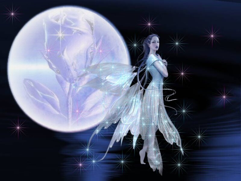 Fairy with Wings — Blue, Serene, Night, Digital Art, Moon, Stars, Dress