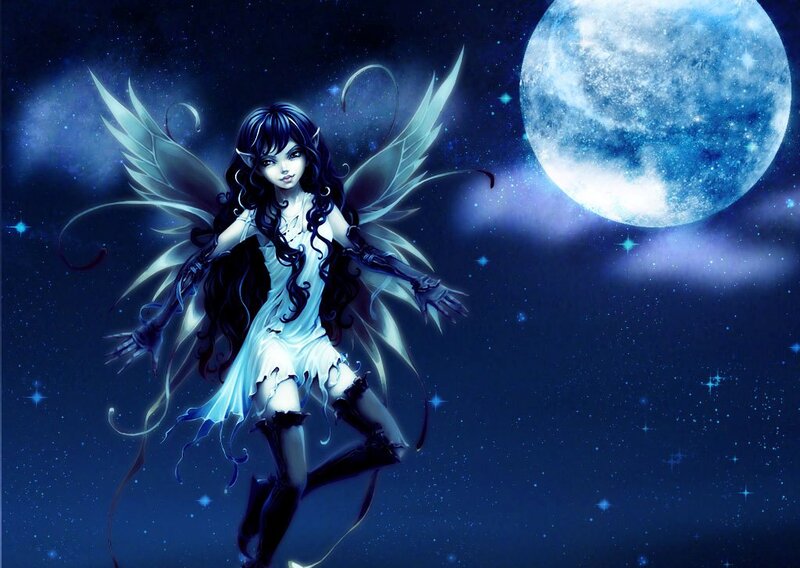 Fairy with Wings — Blue, Serene, Night, Digital Art, Moon, Stars, Night Sky