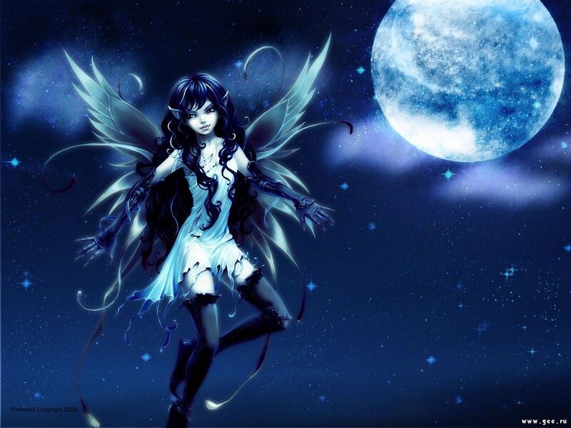 Fairy with Wings — Blue, Serene, Night, Digital Art, Moon, Stars, Night Sky, White, Black