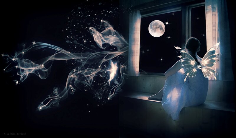 Fairy with Wings — Blue, Serene, Night, Digital Art, Moon, Window