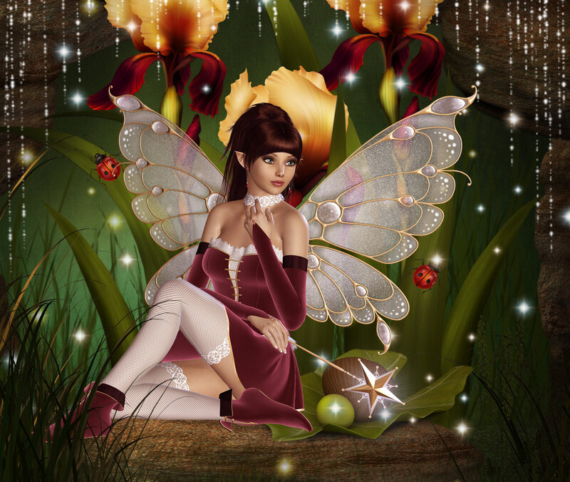 Fairy with Wings — Green, Magical, Night, Digital Art, Ladybug