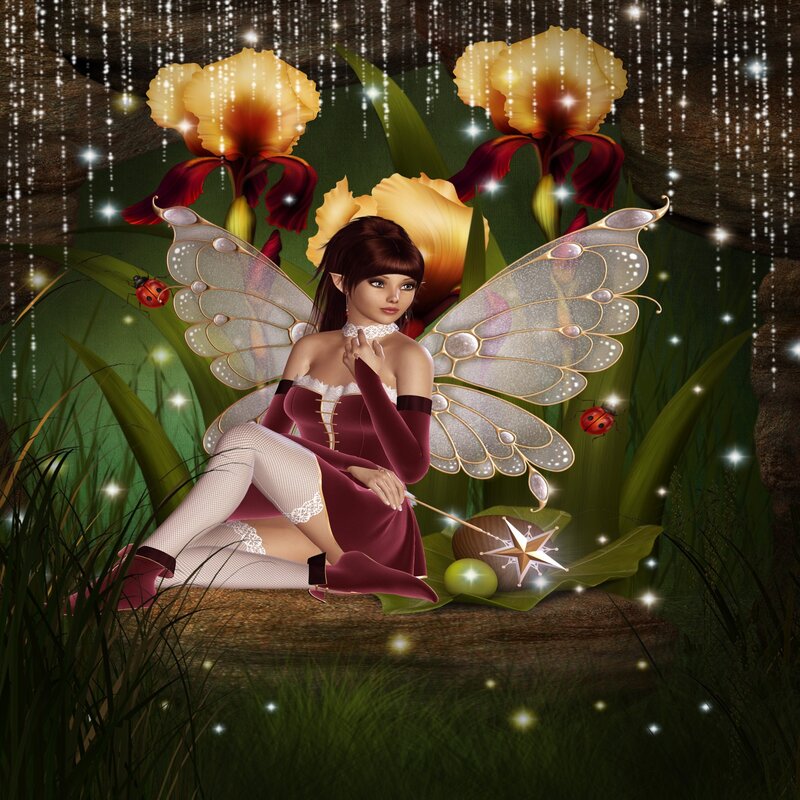 Fairy with Wings — Green, Magical, Night, Digital Art