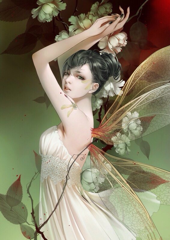 Fairy with Wings — Green, Serene, Digital Art, Flowers