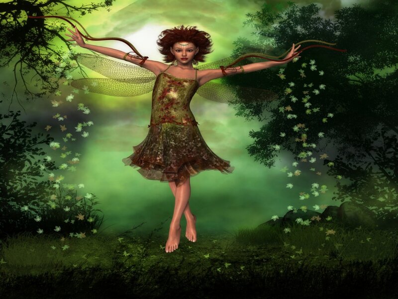 Fairy with Wings in Forest — Green, Serene, Night
