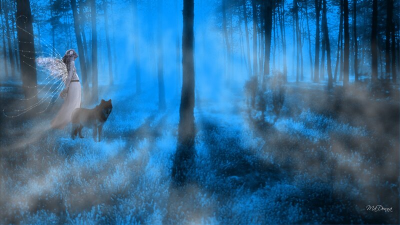 Fairy with Wolf in Forest — Blue