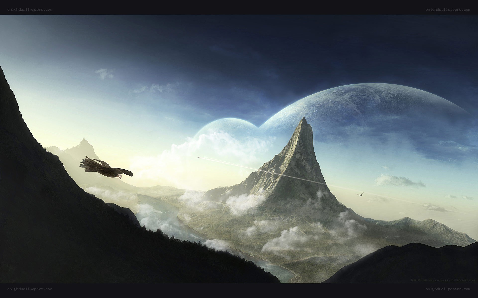Falcon over alien mountains