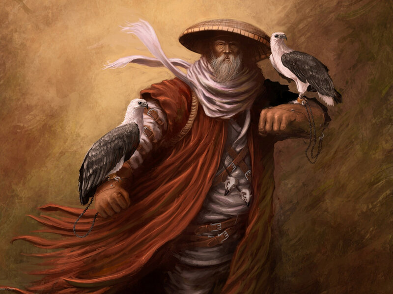 Falconer with two birds