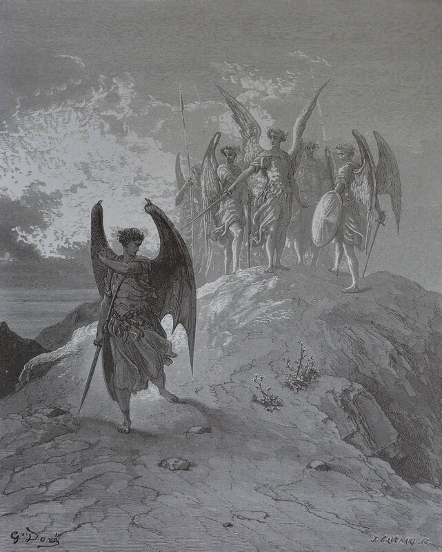 Fallen angel confronted by angels
