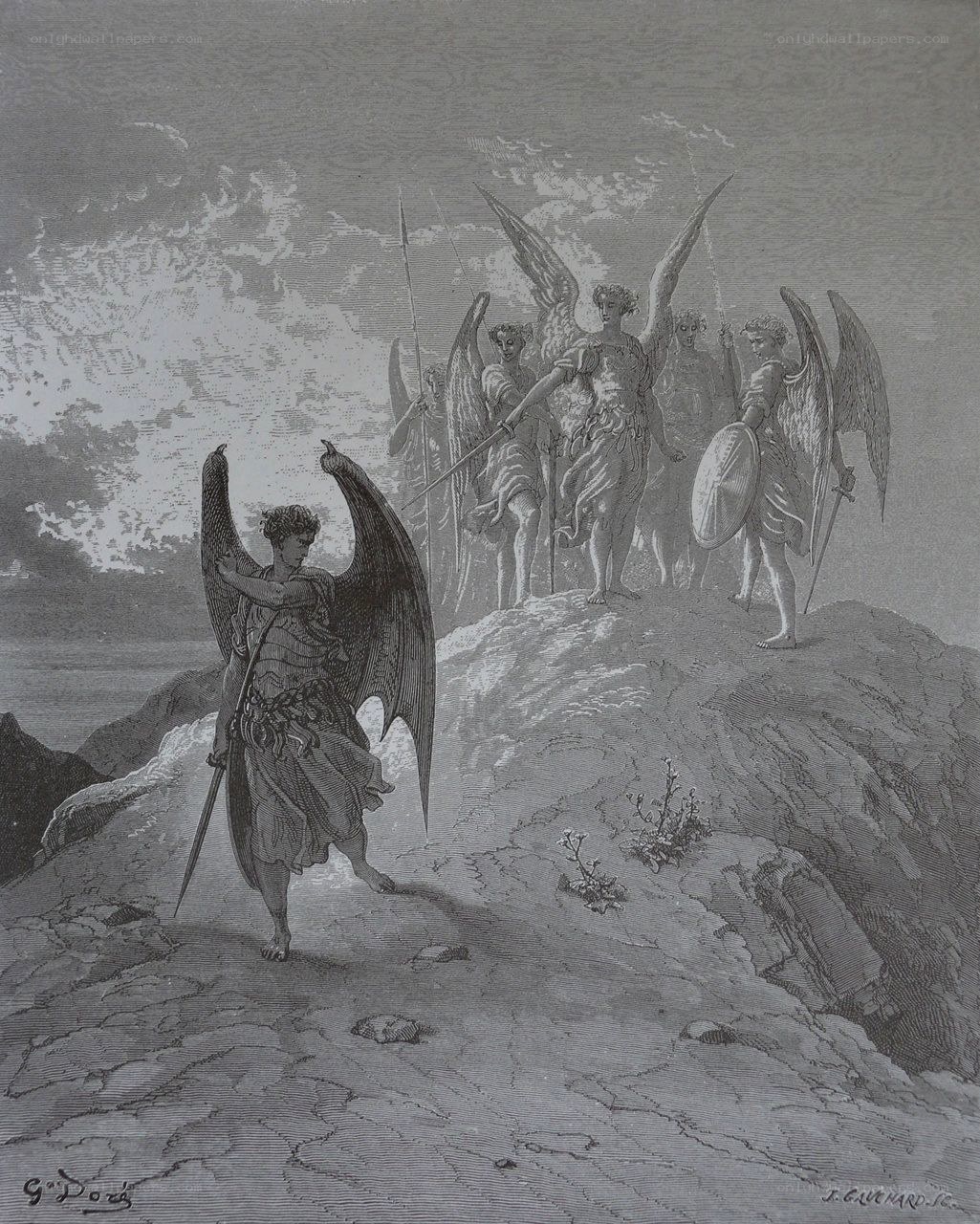 Fallen angel confronted by angels