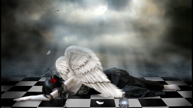 Fallen angel on checkered floor