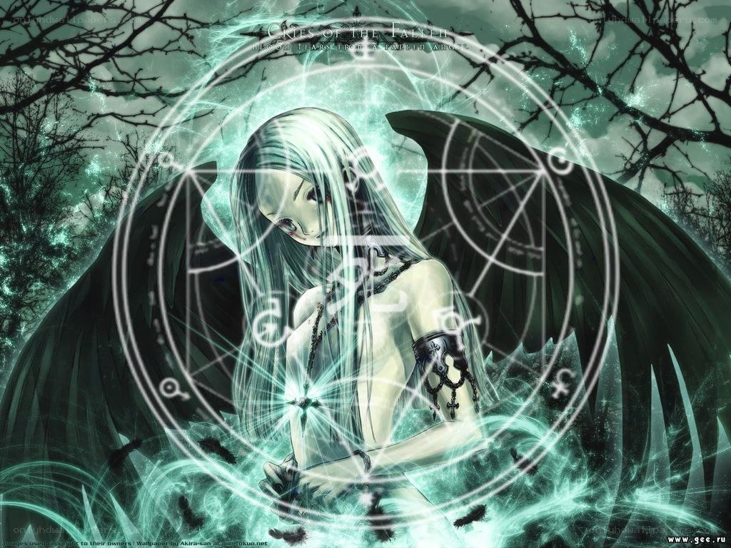 Fallen angel with glowing sigils