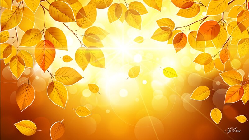 Fallen Autumn Leaves — Yellow, Warm, Digital Art, Sunlight, Branches