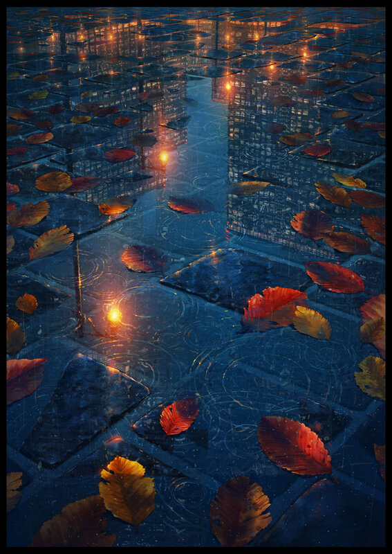 Fallen Leaves in Puddle — Blue