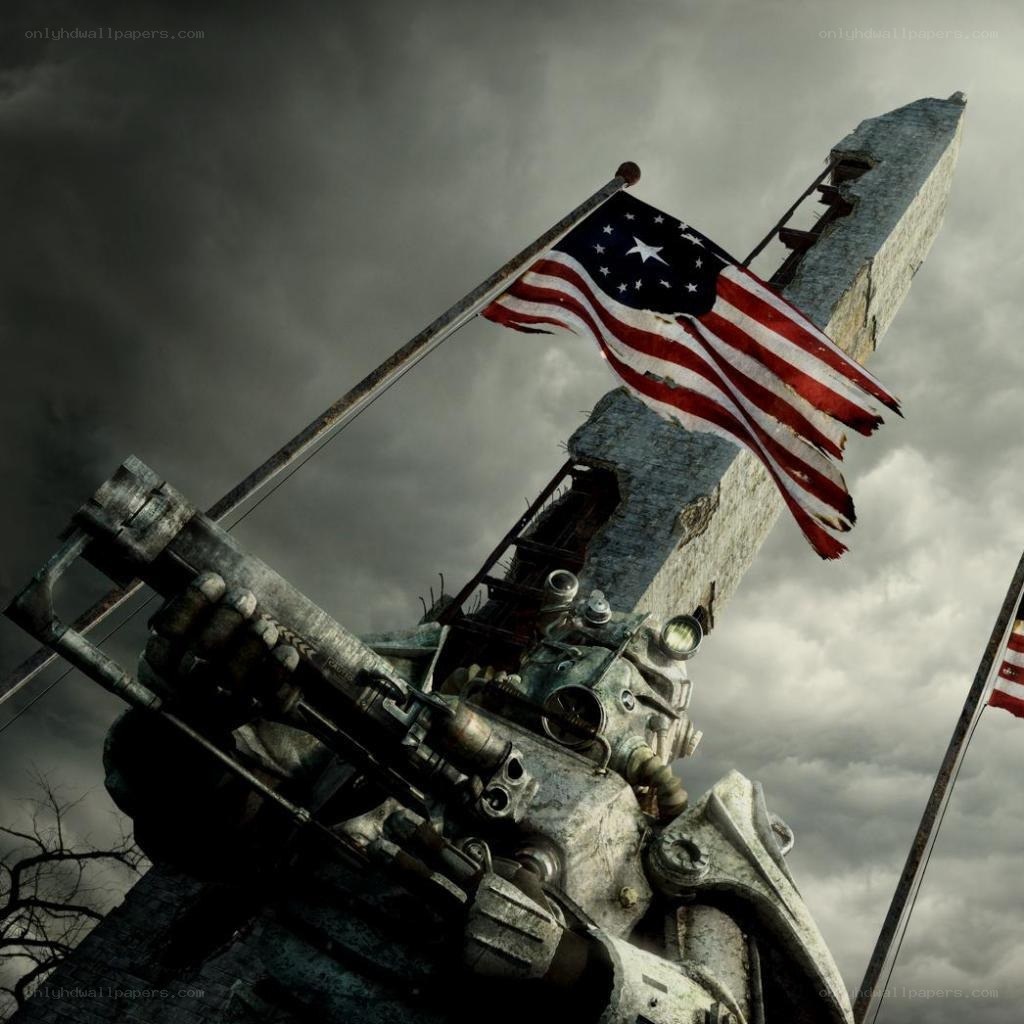 Fallen monument with American flag