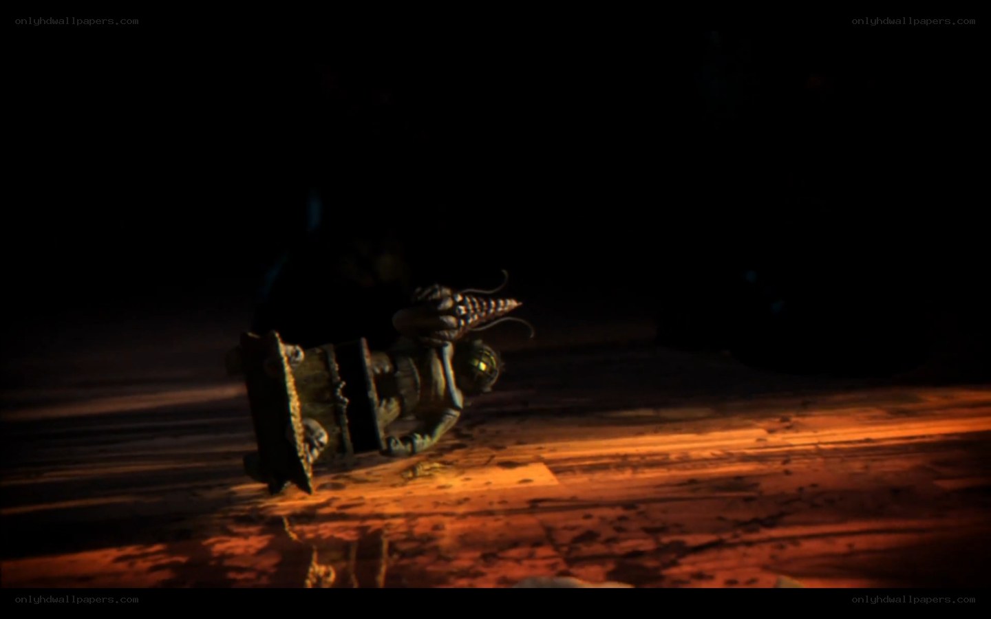 fallen robot in dark room
