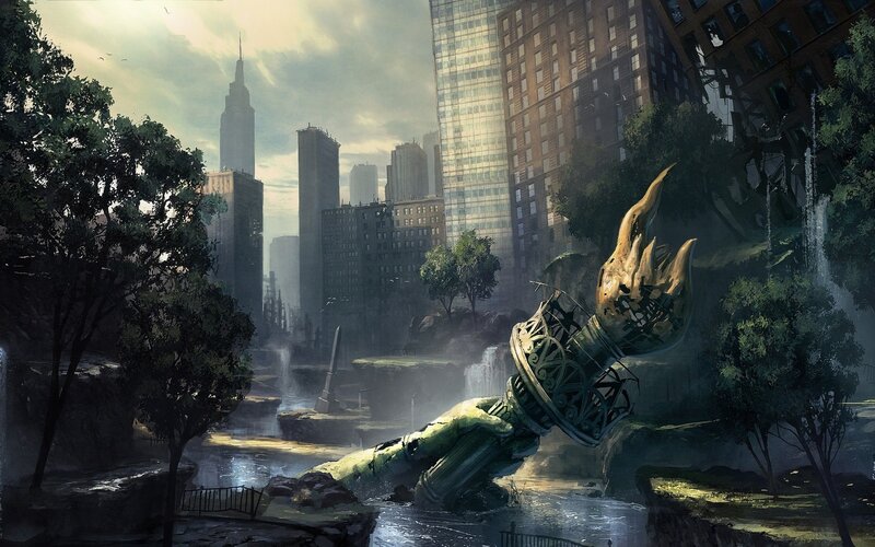 Fallen Statue in City — Green