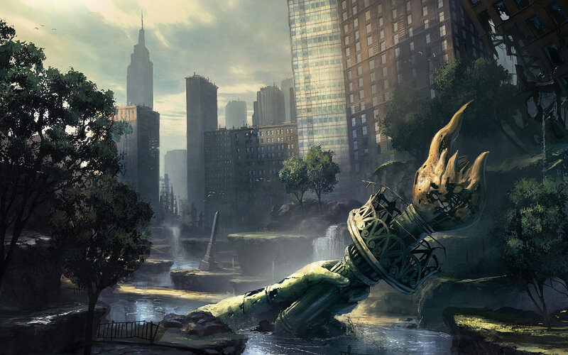 Fallen Statue in City