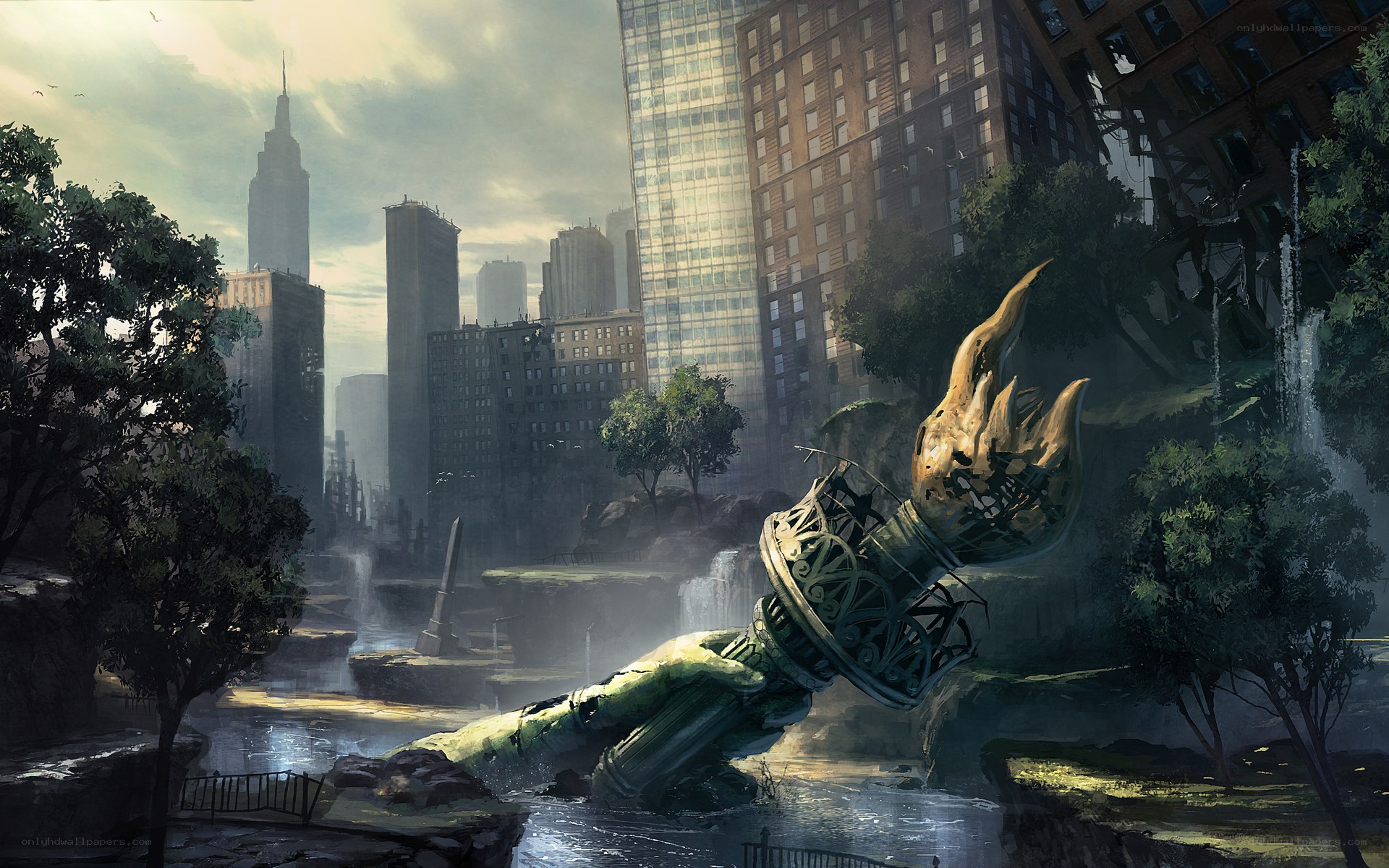 Fallen Statue in Ruined City