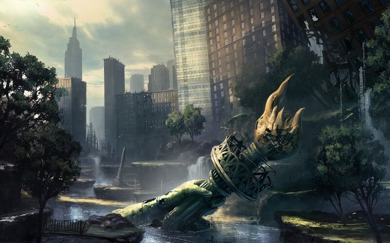 Fallen Statue in Ruined City