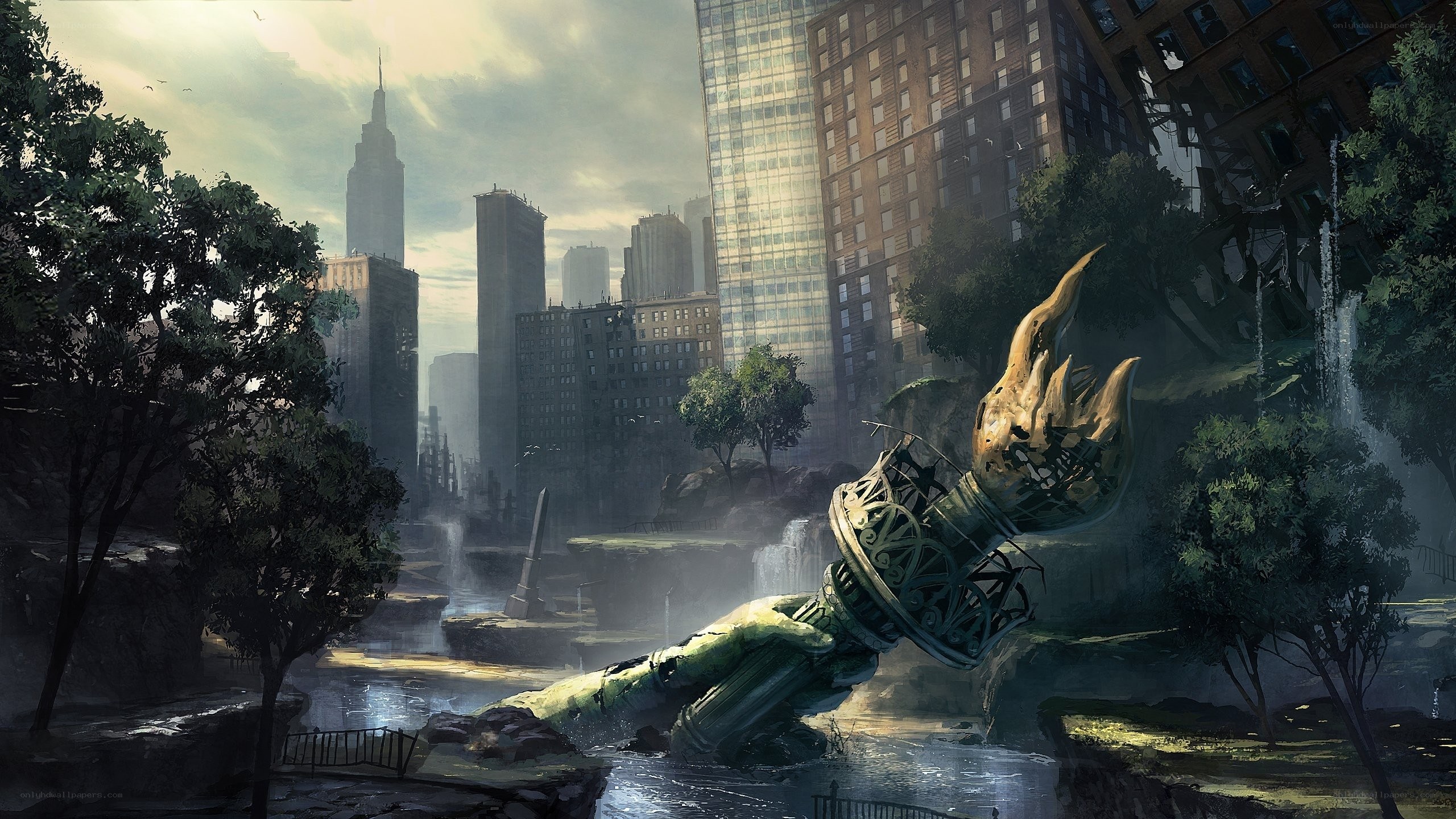 Fallen Statue in Ruined City