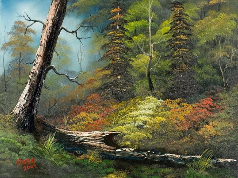 Fallen Tree in Forest — Green, Serene, Autumn, Painting