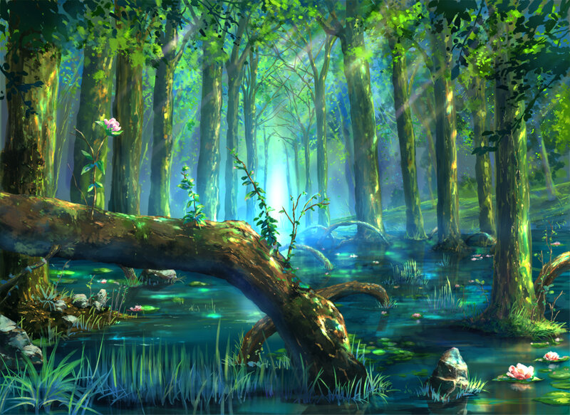 Fallen Tree in Forest — Green, Serene, Morning