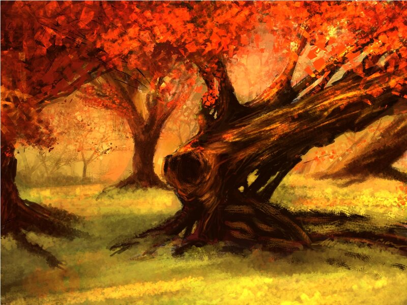 Fallen Tree in Forest — Red, Serene, Autumn