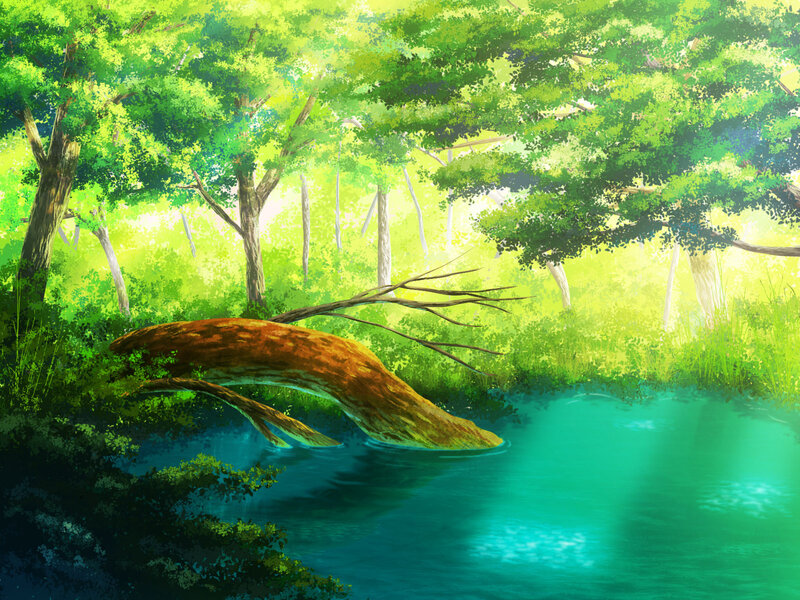 Fallen Tree in River — Green, Serene