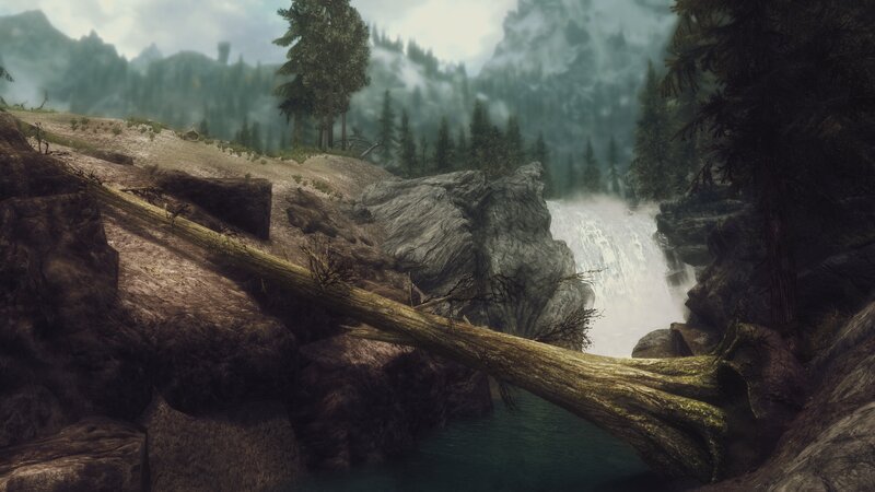 Fallen Tree over Waterfall — Green