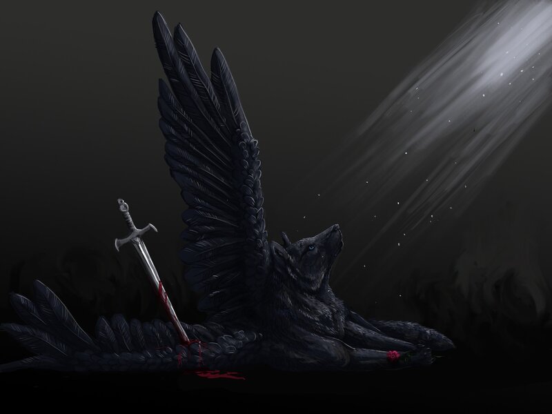 Fallen winged wolf with sword