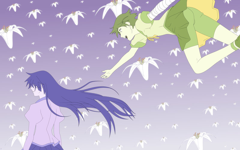 falling character with lilies