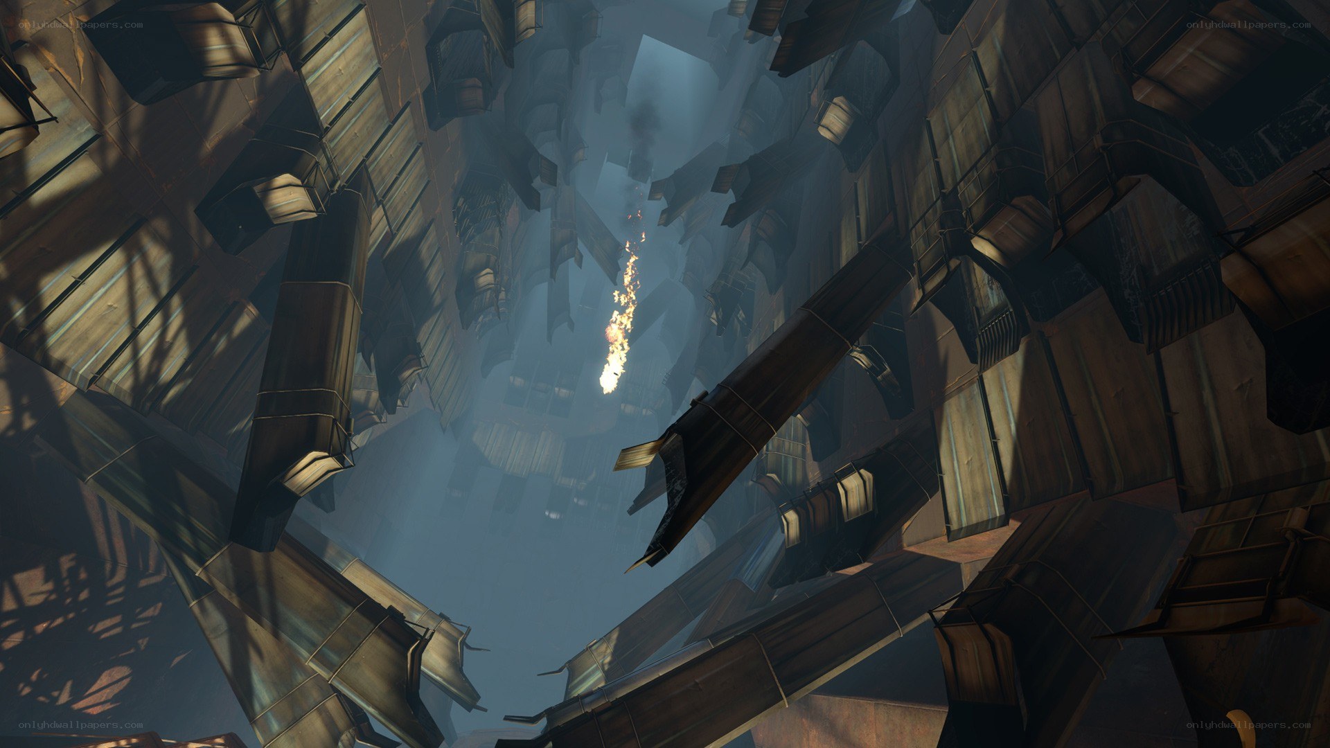 Falling debris in a ruined city