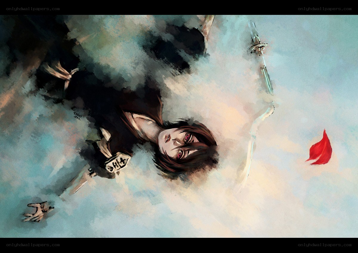 falling warrior with red eyes