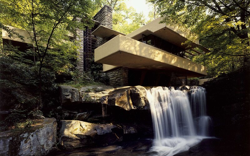 Fallingwater house by a waterfall