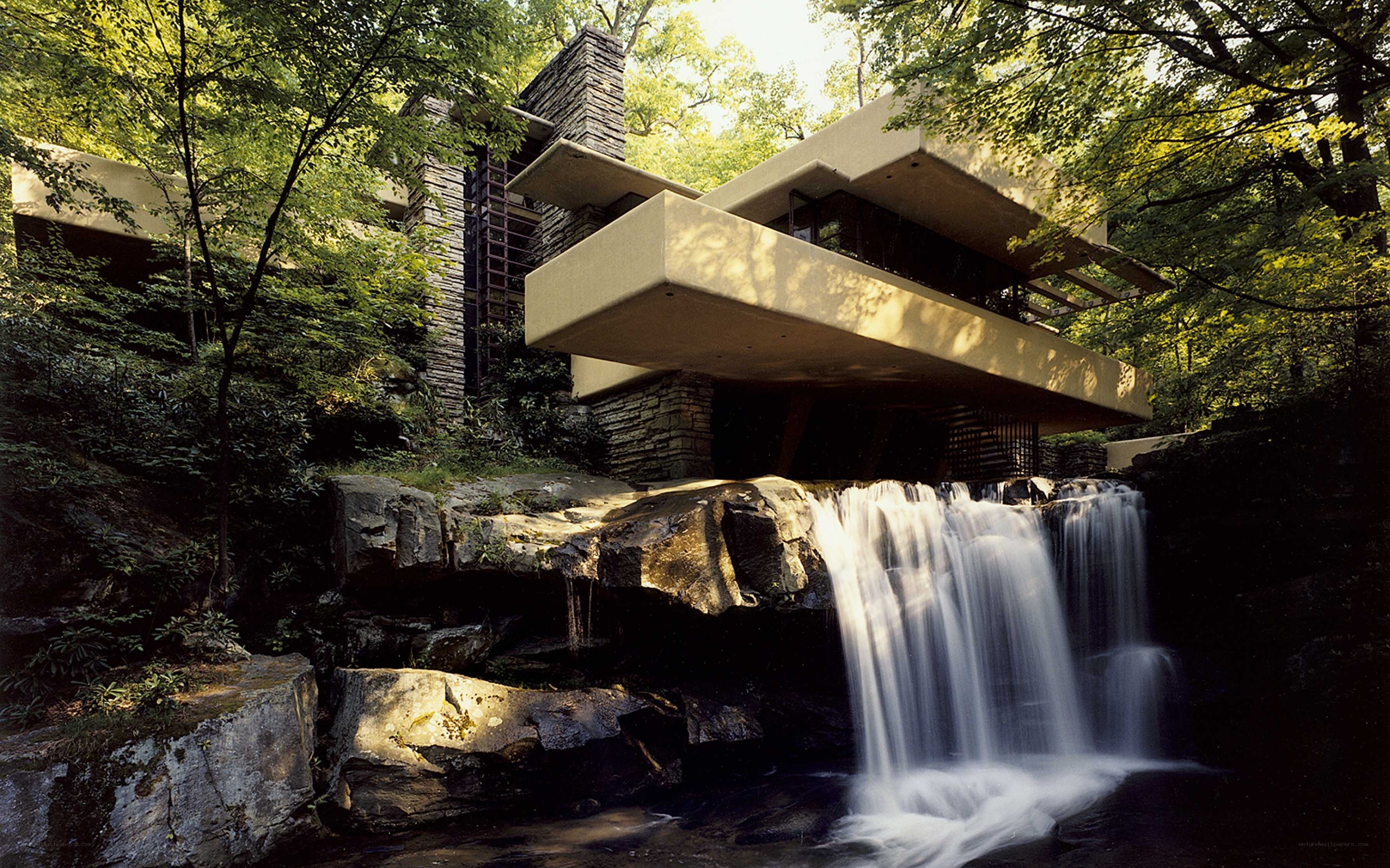 Fallingwater house by a waterfall