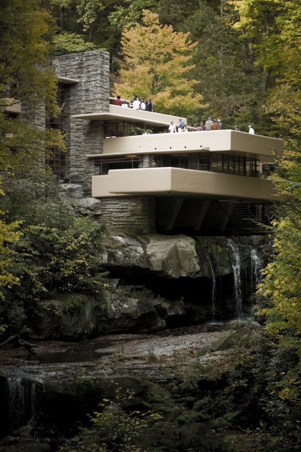Fallingwater house by a waterfall