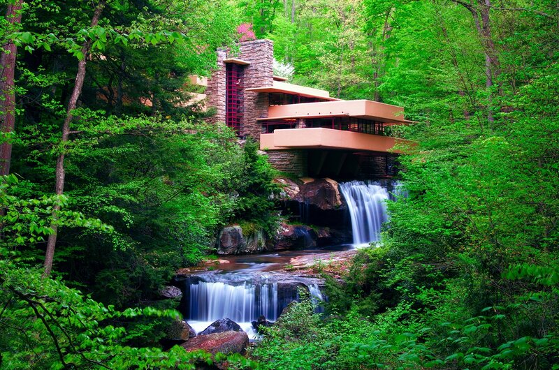 Fallingwater house by waterfall