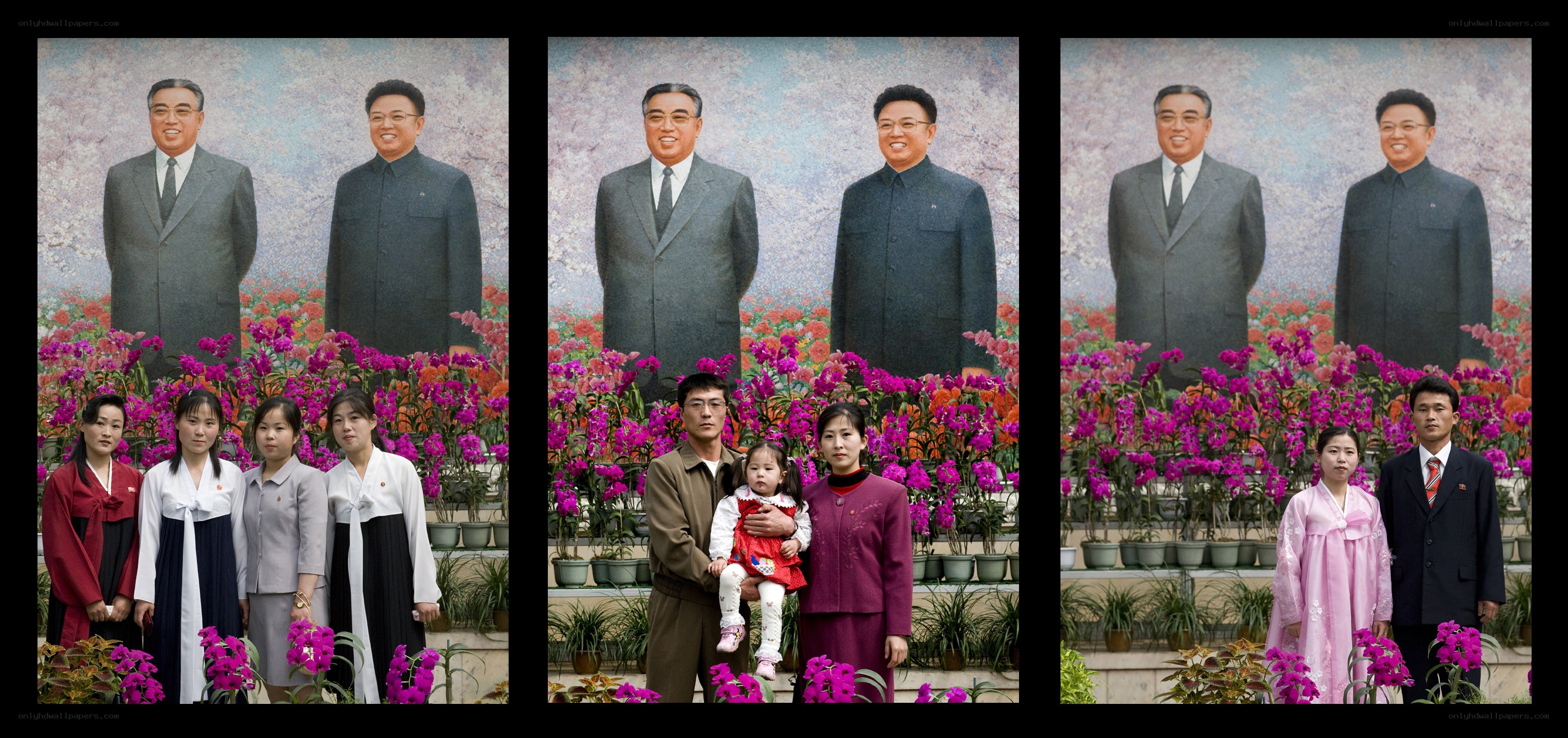 Families posing before portraits