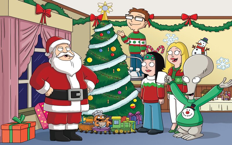 Family Around Christmas Tree — Green, Festive