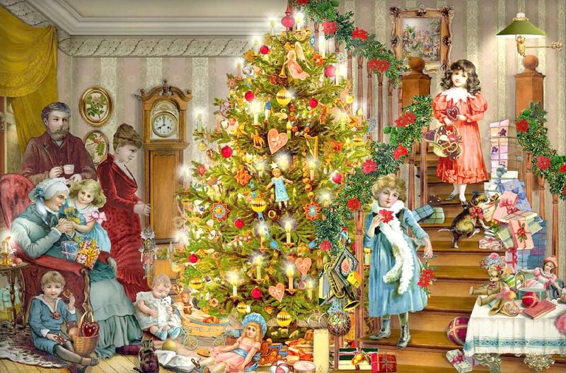 Family Around Christmas Tree — Green