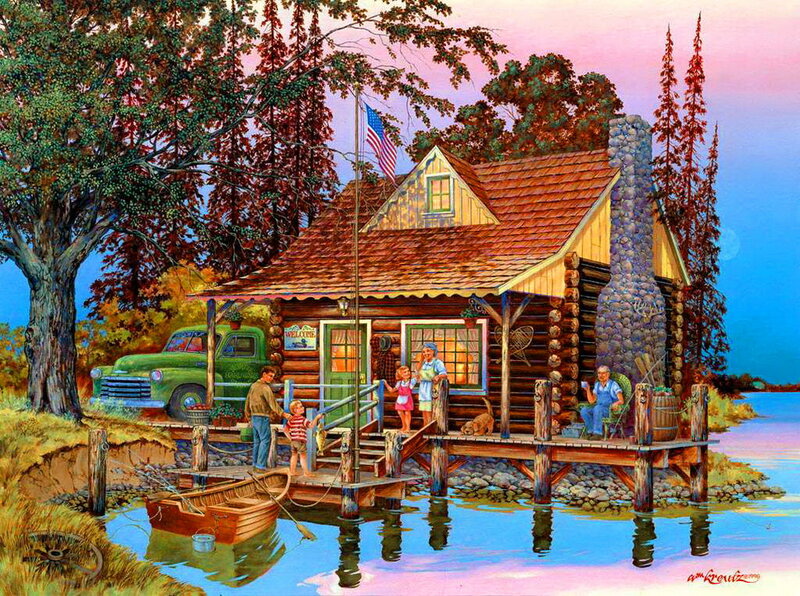 Family at Lakeside Cabin — Blue