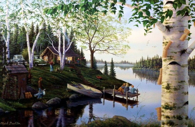 Family at Lakeside Cabin — Green, Serene