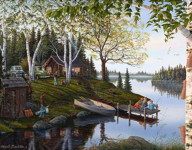 Family at Lakeside Cabin — Green