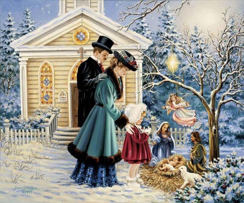 Family at Nativity Scene — Blue