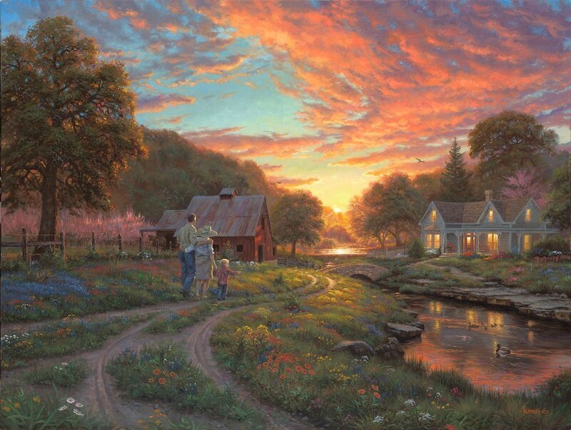 Family at sunset by a stream