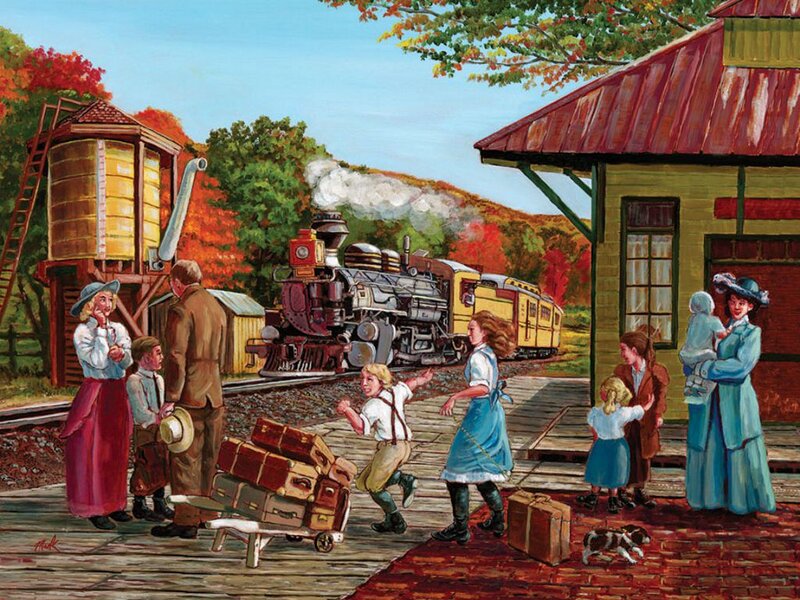 Family at Train Station — Blue