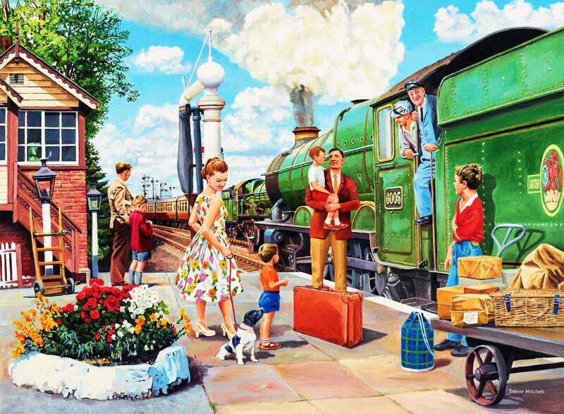 Family at Train Station — Green