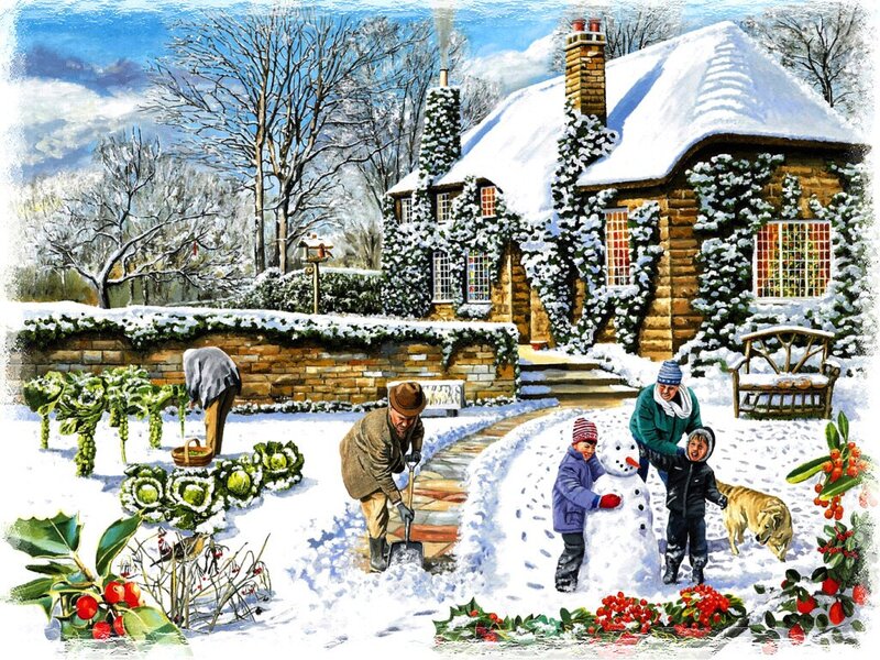 Family Building Snowman — White, Festive