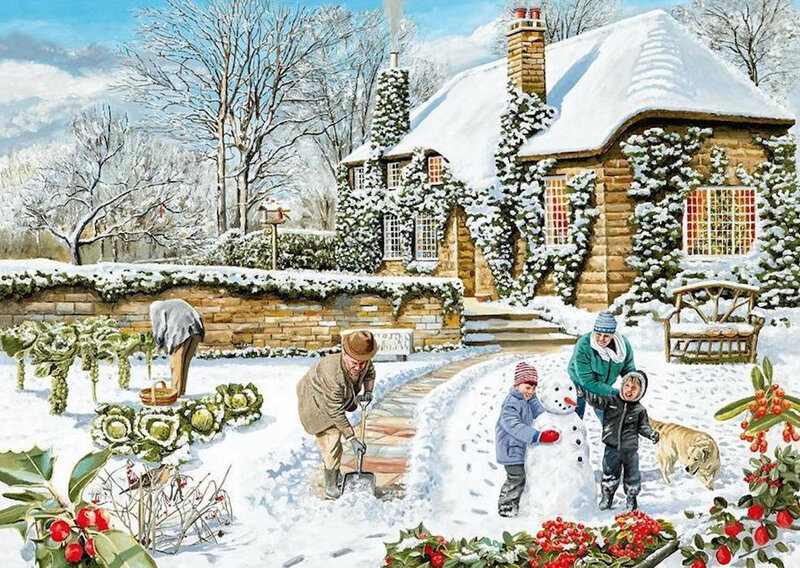 Family Building Snowman — White, Festive, Winter