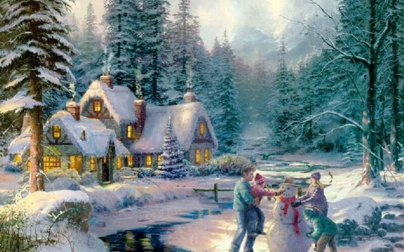 Family Building Snowman — White, Peaceful, Winter